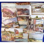 Postcards, collection of approx. 160 UK artist drawn scenery cards inc. views of IOM, Devon,