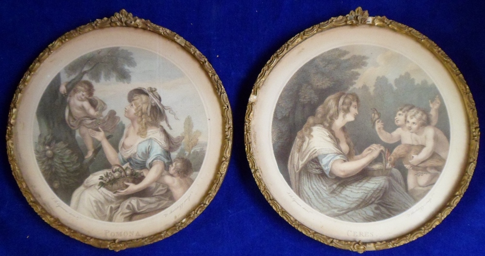 Stipple Engraving prints, two, circular, hand coloured Bartolozzi engravings 'Ceres' & 'Pomana' in