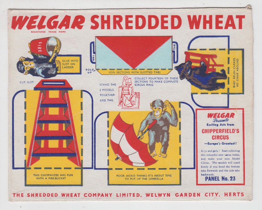 Trade cards, Shredded Wheat Co, Package issue, Chipperfield Circus, 22 different, (one badly cut,