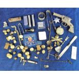 Collectables, selection of items inc. military brass buttons, Gibraltar small-bore rifle cloth