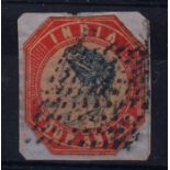 Stamp, India, 1854, Four annas, cut to shape before use, tied to piece, ref SG21 (1)