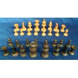 Collectables, a vintage wooden chess set, complete, housed in wooden slide-top box (top split), no