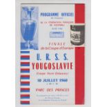 Football Programmes, 1960 UEFA European Cup Final USSR (Russia) v Yugoslavia played 10.6.60 Parc Des