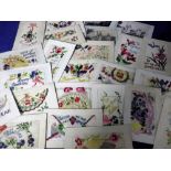 Postcards, a selection of 21 WW1 embroidered silks and 3 woven silks by Grant. Embroidered designs