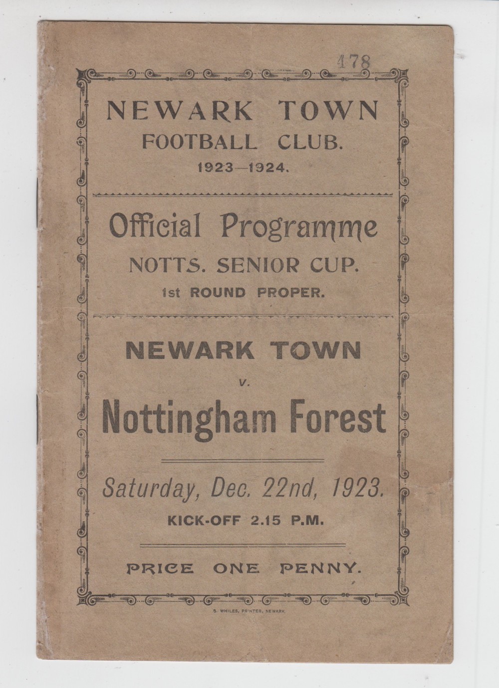 Football programme, Newark Town v Nottingham Forest, Notts Senior Cup first round, 22 Dec 1923,