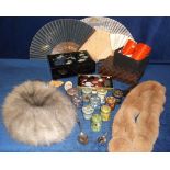 Collectables, a silver fox fur hat, a fur scarf, 3 Japanese fans, 3 jewellery boxes, 6 spoons and