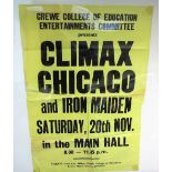 Music Poster, Climax Chicago & Iron Maiden gig poster 20 Nov 1976 at Crewe College of Education, 20"