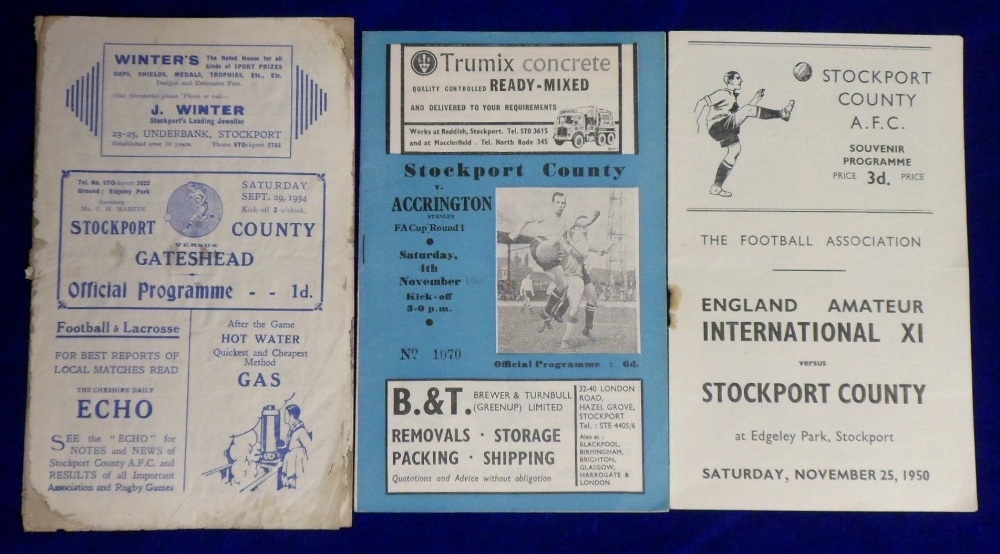 Football programmes, Stockport County v Gateshead, 29 September, 1934, Division 3 (North), (heavy,