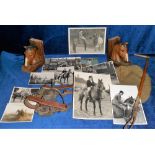 Ephemera Sporting, a quantity of vintage horse related items to include a hunting crop, a pair of