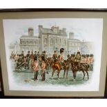 Collectables, 7 framed military prints to include 6 by Harry Payne 'Mounting the Colonel' issued