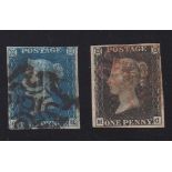 Stamps, GB, 1840 1d black, fine used, with red Maltese cross mark sold with 1840 2d blue, fine used,