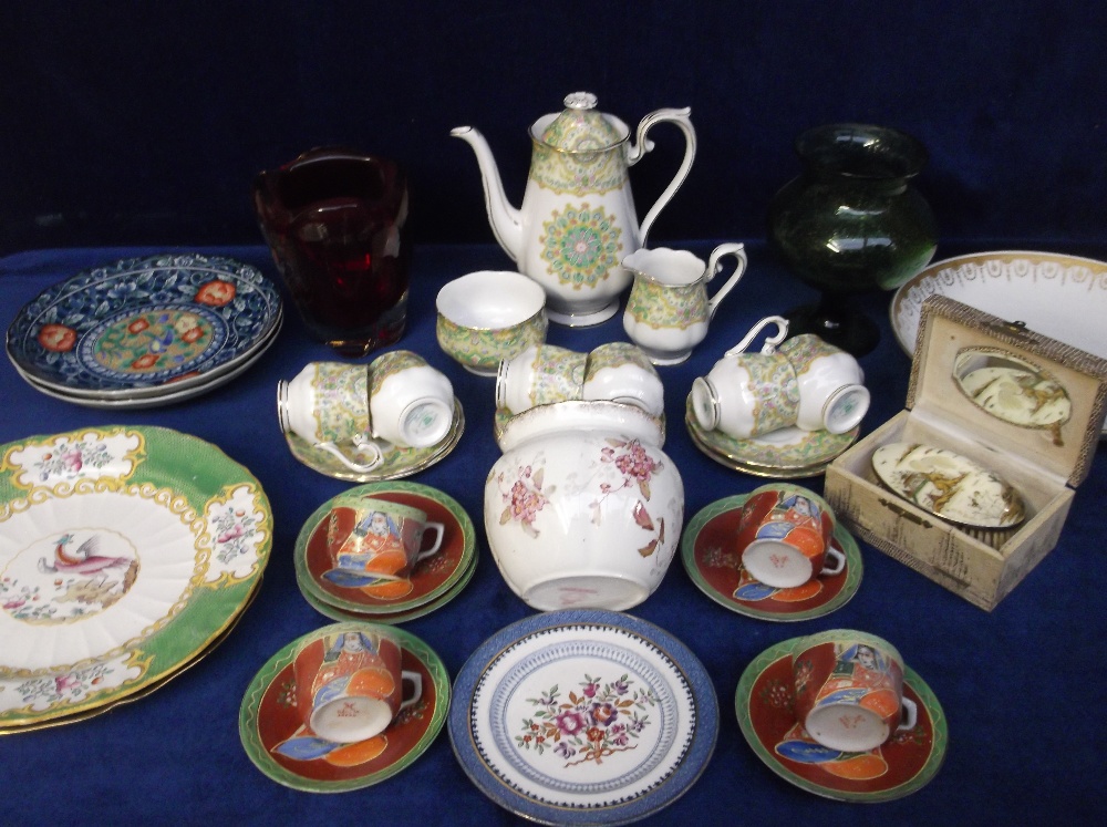 Collectables, a boxed Oriental style brush and comb set, 4 Japanese cups and saucers and a large