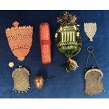 Collectables, 4 Victorian hand made needlework purses together with 2 Victorian chain mail coin