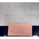 Cricket autograph, Harold Larwood, Nottinghamshire & England, blue ink signature on pink paper,