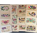 Postcards, embroidered silks, a selection of 15 cards, mainly WW1 period, inc. Flags, Greetings,