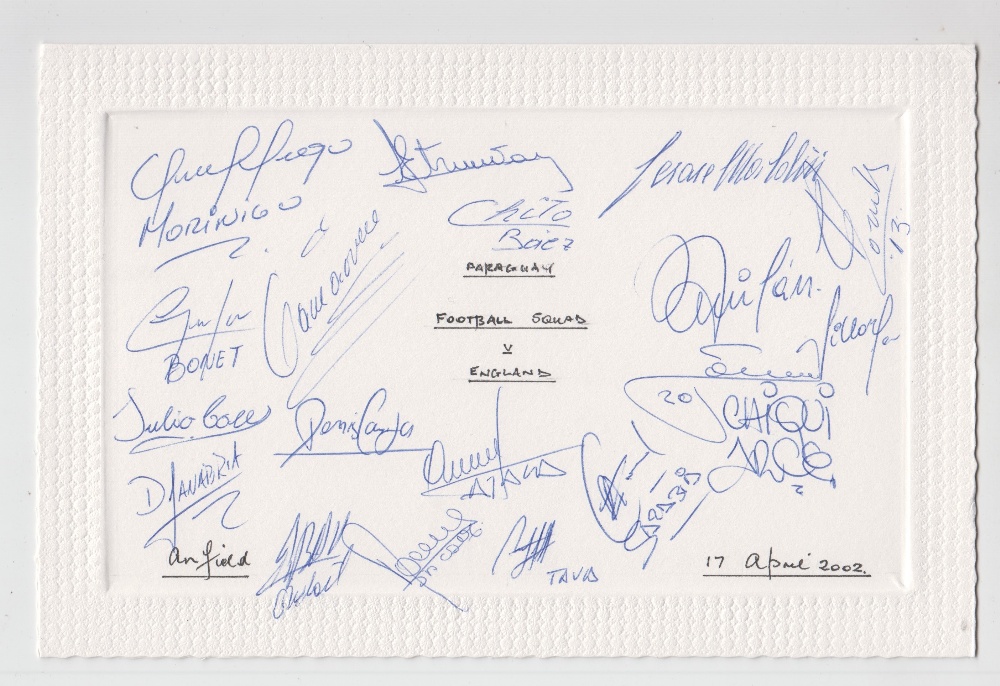 Football autographs, England v Paraguay, played at Anfield, 17 April 2002, a folded card with 22