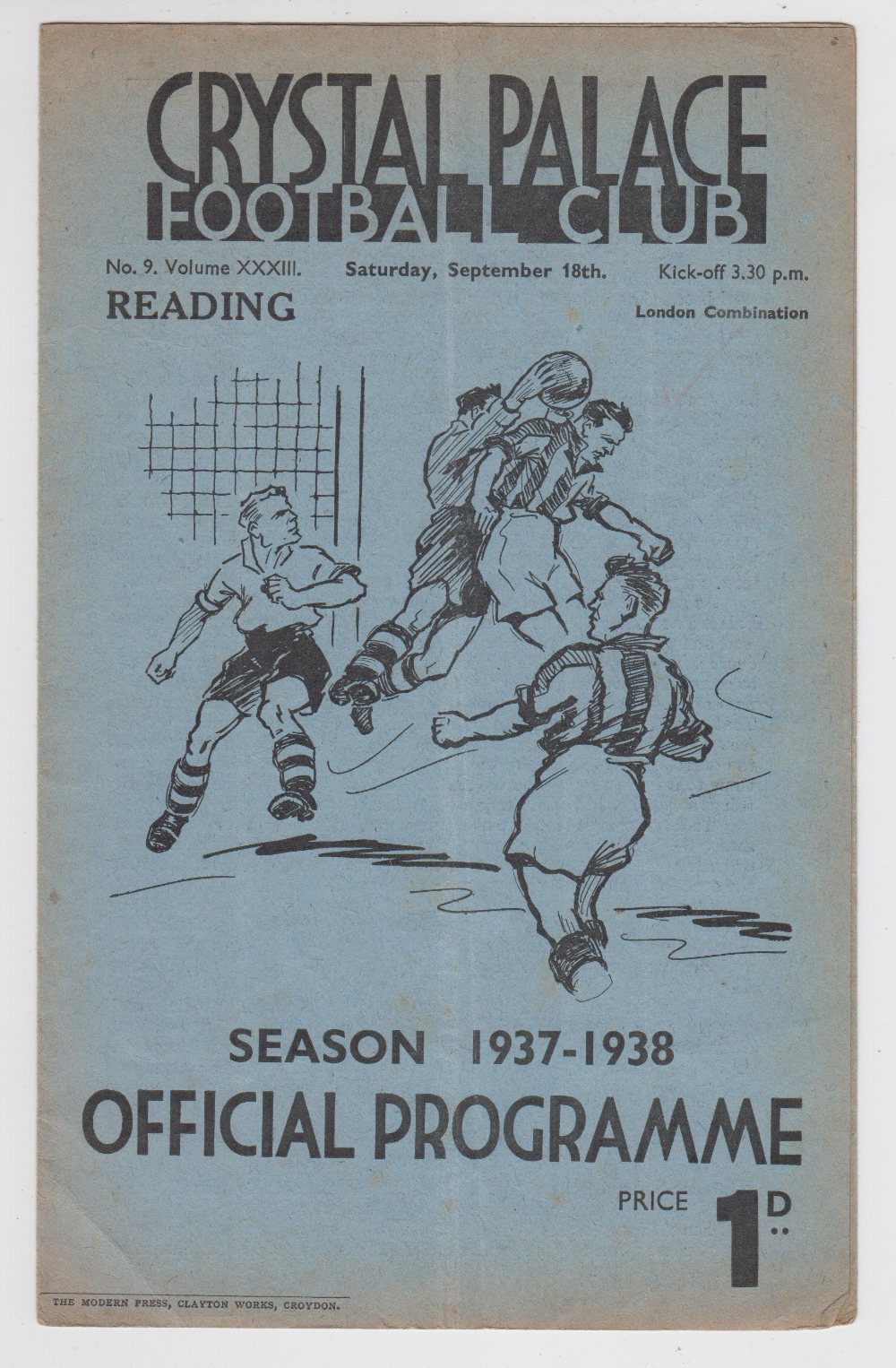 Football programme, Crystal Palace Res v Reading Res 18 Sep 1937, 4 page issue for London