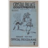 Football programme, Crystal Palace Res v Reading Res 18 Sep 1937, 4 page issue for London