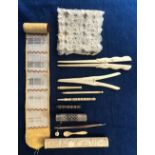 Collectables, Antique ivory Oriental needle case (excellent) - approx 15.5 cms, silver and blue