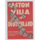 Football Programme, German X1 v Aston Villa 15th May 1938, strangely the German side only features 1