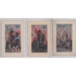 Postcards, Silks, a selection of 7 inc. one duplicate, 'Flames' series Malines, Peronne, Verdun La