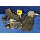 Diving, a selection of diving equipment to include 2 pairs of flippers (Jetfin and Cressi),