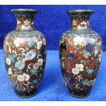 Collectables, pair of small cloisonné vases decorated with butterflies and flowers. Approx height 13