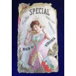 Tobacco advertising, USA, Kinney Bros, die-cut advertising card showing beauty with feathers &