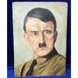 Collectables, oil painting on ply wood of Adolf Hitler signed H.v.D Linden 1934. Approx size 29.5