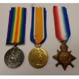 Military medal, trio of First World War service medals awarded to Private P Sharp of the