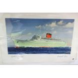 Ephemera, Shipping, 6 Cunard advertising prints featuring Queen Elizabeth, Queen Mary, The New