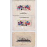 Postcards, Silks, Woven, 3 cards, RMS Carmania, RMS Saxonia (Hands Across the Sea), and RMS