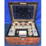 Collectables, Victorian dressing table box fitted with glass bottles and boxes with silver plated
