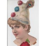 Tobacco advertising, USA, shop display die-cut advertising card showing beauty in feathered hat with