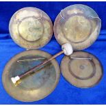 Collectables, 4 bronze gongs marked M & S B Patent 936, approx sizes 17.5, 18.5, 19.5, 22.5 cms.