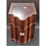 George III mahogany serpentine front chevron banded knife box, the hinged lid interior with star and