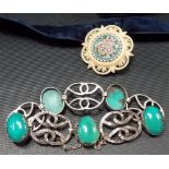 925 silver and turquoise cabochon link bracelet, stamped 925; together with a carved and pierced