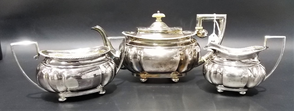 Victorian silver oval lobed section three piece tea set with gadrooned rims, maker George Nathan and