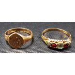 15ct gold antique five stone set ring, weight 1.7g approx; together with a 9ct gold ladies' signet