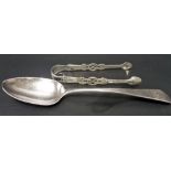 Good George III silver pair of cast pierced and bright cut sugar tongs by George Smith, London;