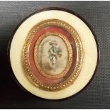 19th Century ivory and tortoiseshell yellow metal mounted circular box, the lid with a miniature