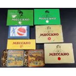Seven vintage Meccano tins for small parts; together with a 6A cardboard small parts box