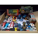 Quantity of playworn Scalextric cars including a Bentley ' The Power and the Glory' within box.