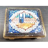 Indian polychrome enamel on metal rectangular cigarette case, one side depicting a building within a