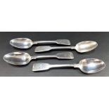 Victorian silver matched set of four fiddle pattern teaspoons, all London, weight overall 4oz