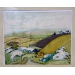ROSEMARY ZIAR Cornish Landscape with Buildings Watercolour Signed 15in x 19.25in