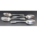 Set of three William IV silver fiddle pattern tablespoons, London 1835; together with one other