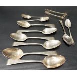 Ten various Georgian and later silver teaspoons together with a pair of silver sugar tongs, weight