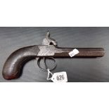 19th Century percussion pistol with 4in octagonal barrel with dolphin hammer & lockplates engraved