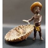 Austrian cold painted bronze depicting a young boy wearing a hat next to a basket with lobster, B